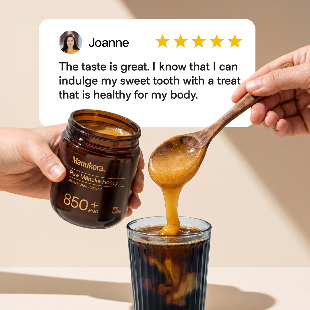 Manukora honey is spooned into a drink, overlaid with a 5-star customer review from Joanne.