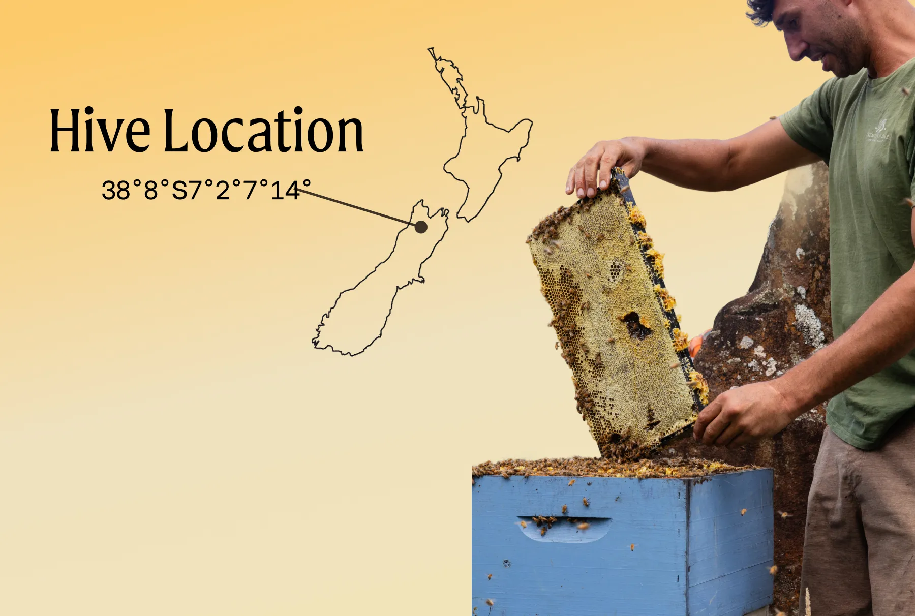 A beekeeper holding a honeycomb frame, with a map graphic showing the hive's location in New Zealand.