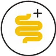 A circular icon with a yellow, intestine-like shape and a small black plus sign on a white background.
