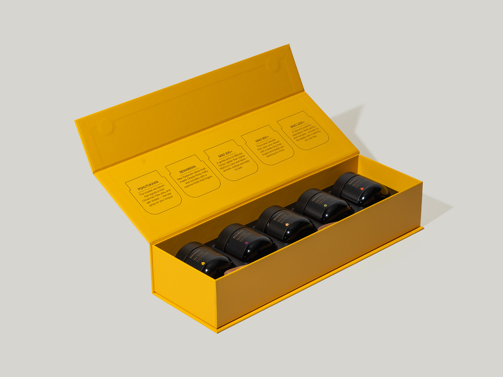 An open yellow gift box with six small black jars and descriptions on the inner lid.