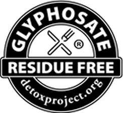 A black and white circular logo that reads 'Glyphosate Residue Free' and 'detoxproject.org'.