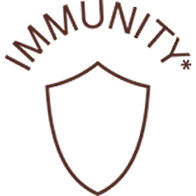 A brown line drawing of the word IMMUNITY arched over a shield outline on a white background.