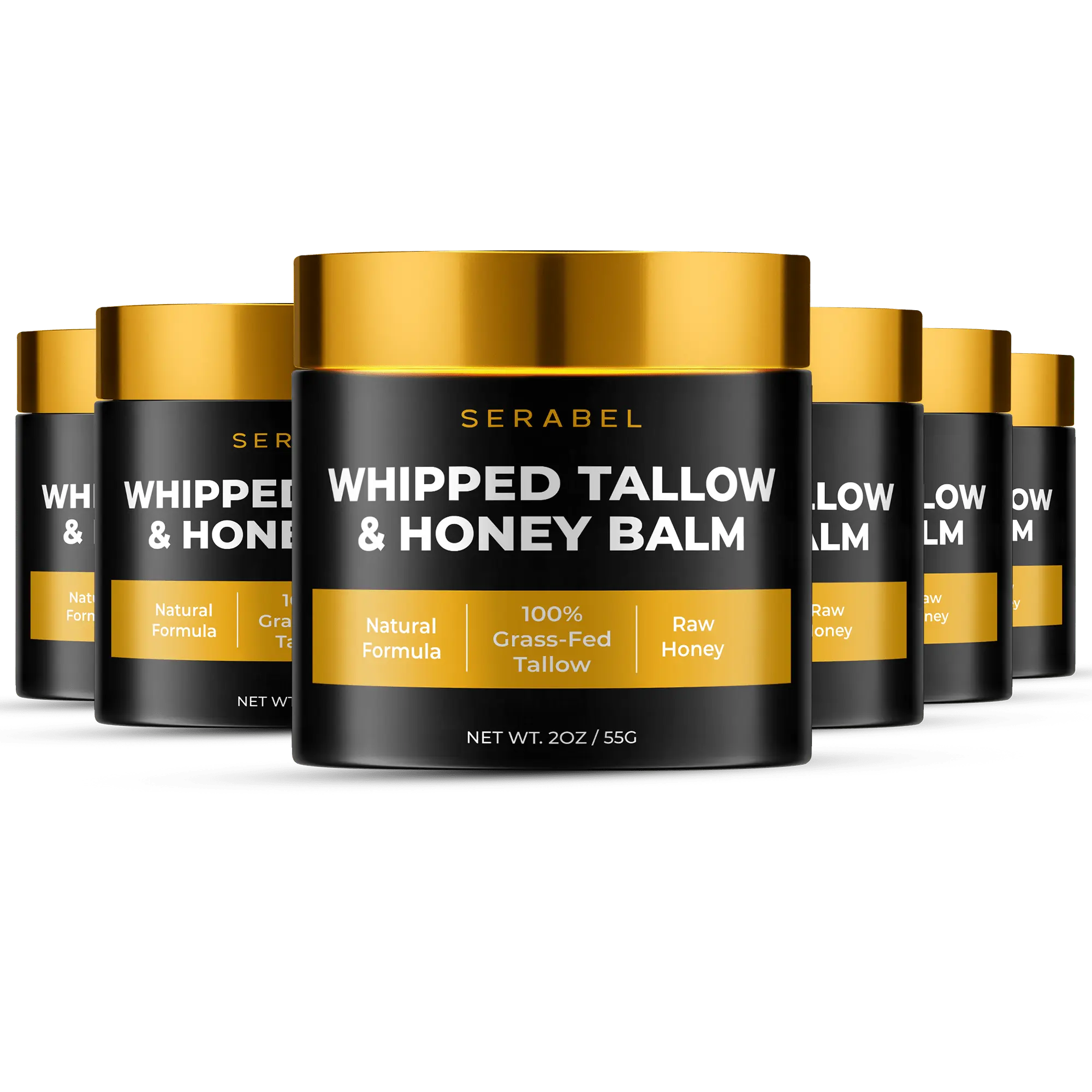 Black and gold jars labeled 'Whipped Tallow & Honey Balm' by Serabel.