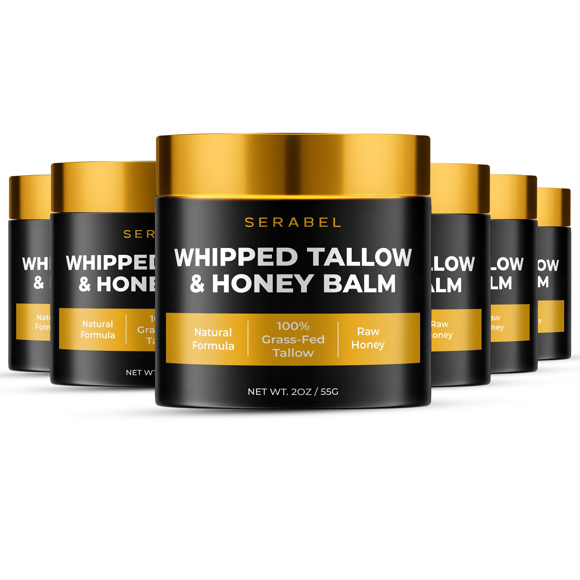 A row of Serabel Whipped Tallow & Honey Balm jars in black containers with gold lids.