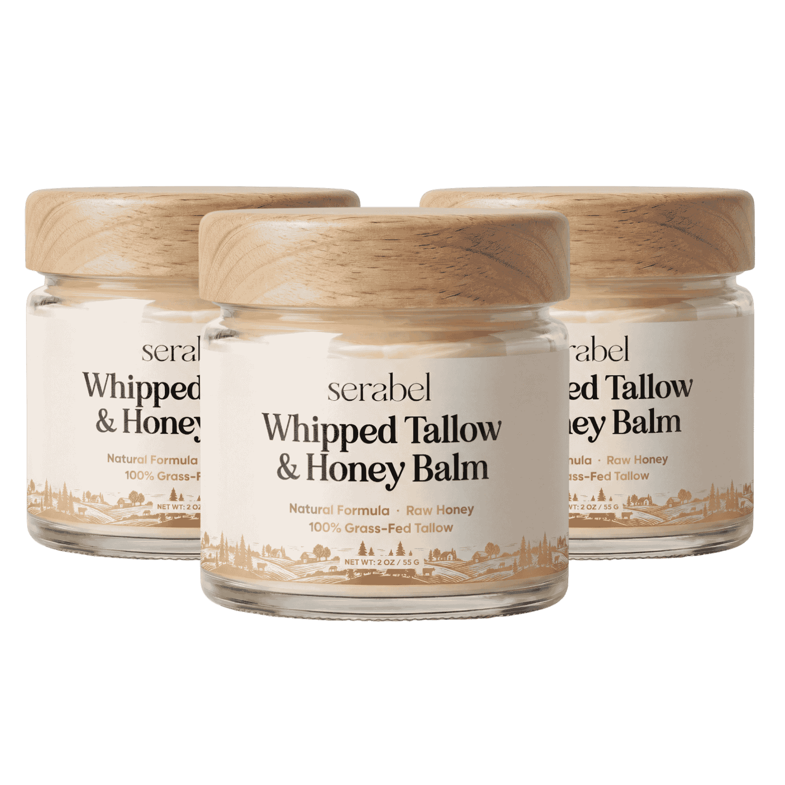 Three glass jars of Serabel Whipped Tallow & Honey Balm with wooden lids on a white background.