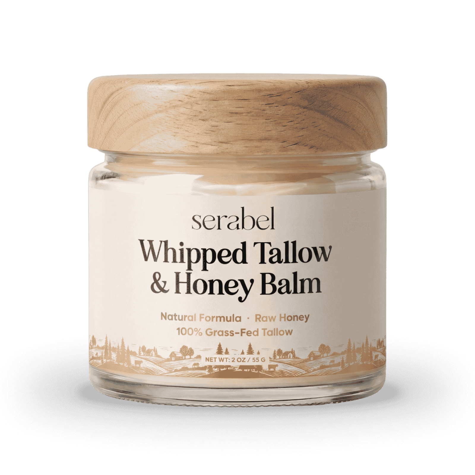 A glass jar of Serabel Whipped Tallow & Honey Balm with a wooden lid against a white background.