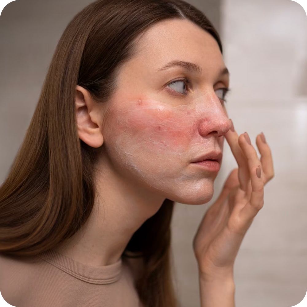 Person applying cream to red, irritated facial skin.