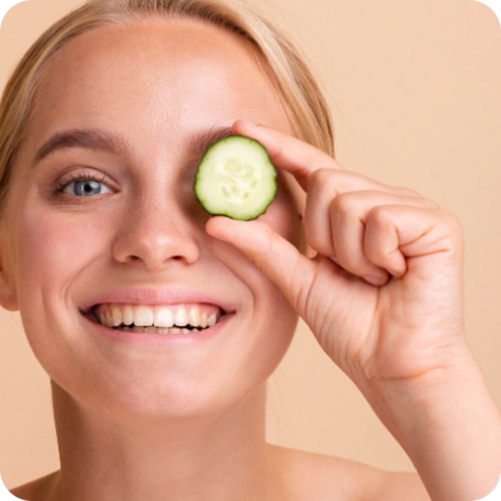 Smiling person holding a cucumber slice over one eye.
