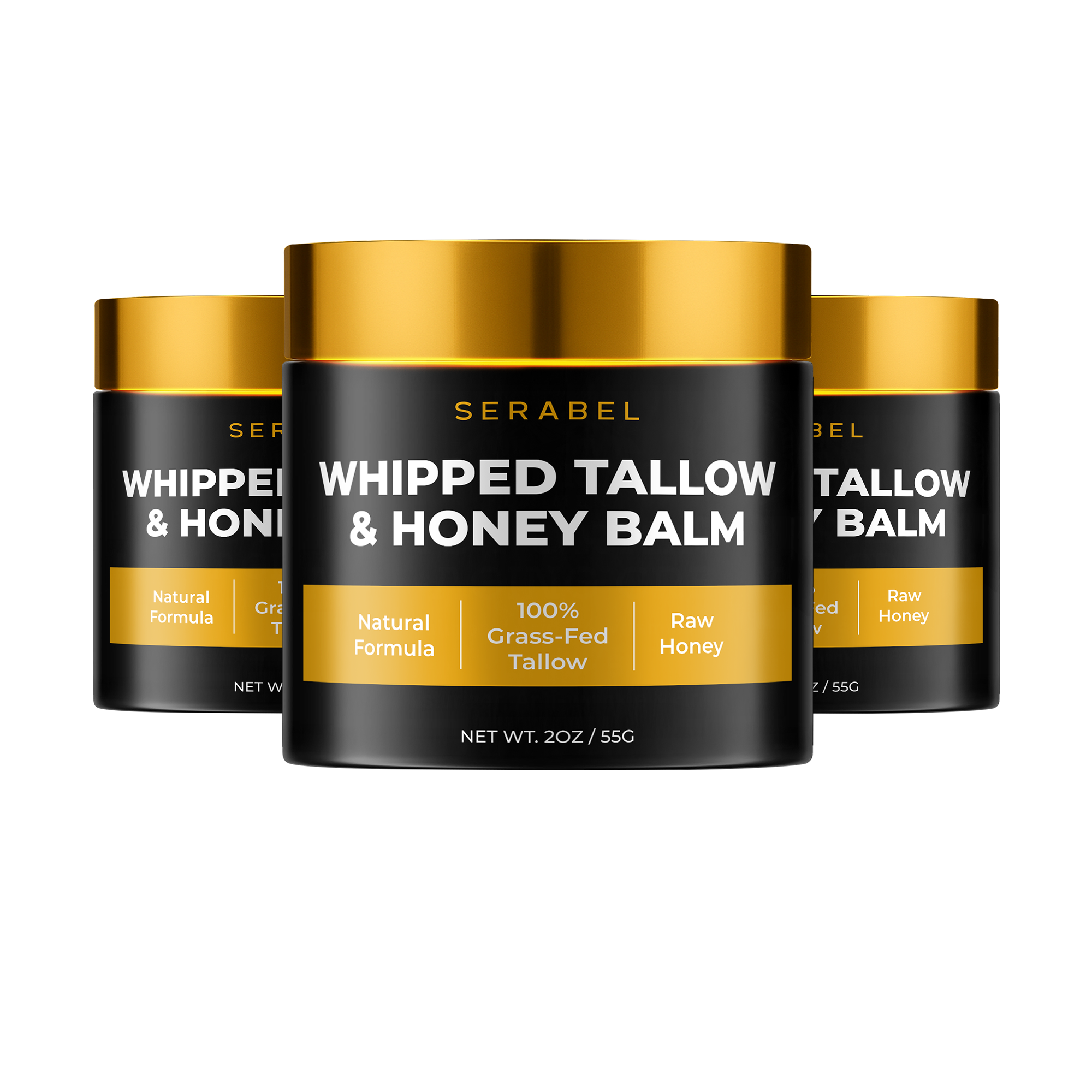 Three jars of Serabel Whipped Tallow & Honey Balm on a white background.