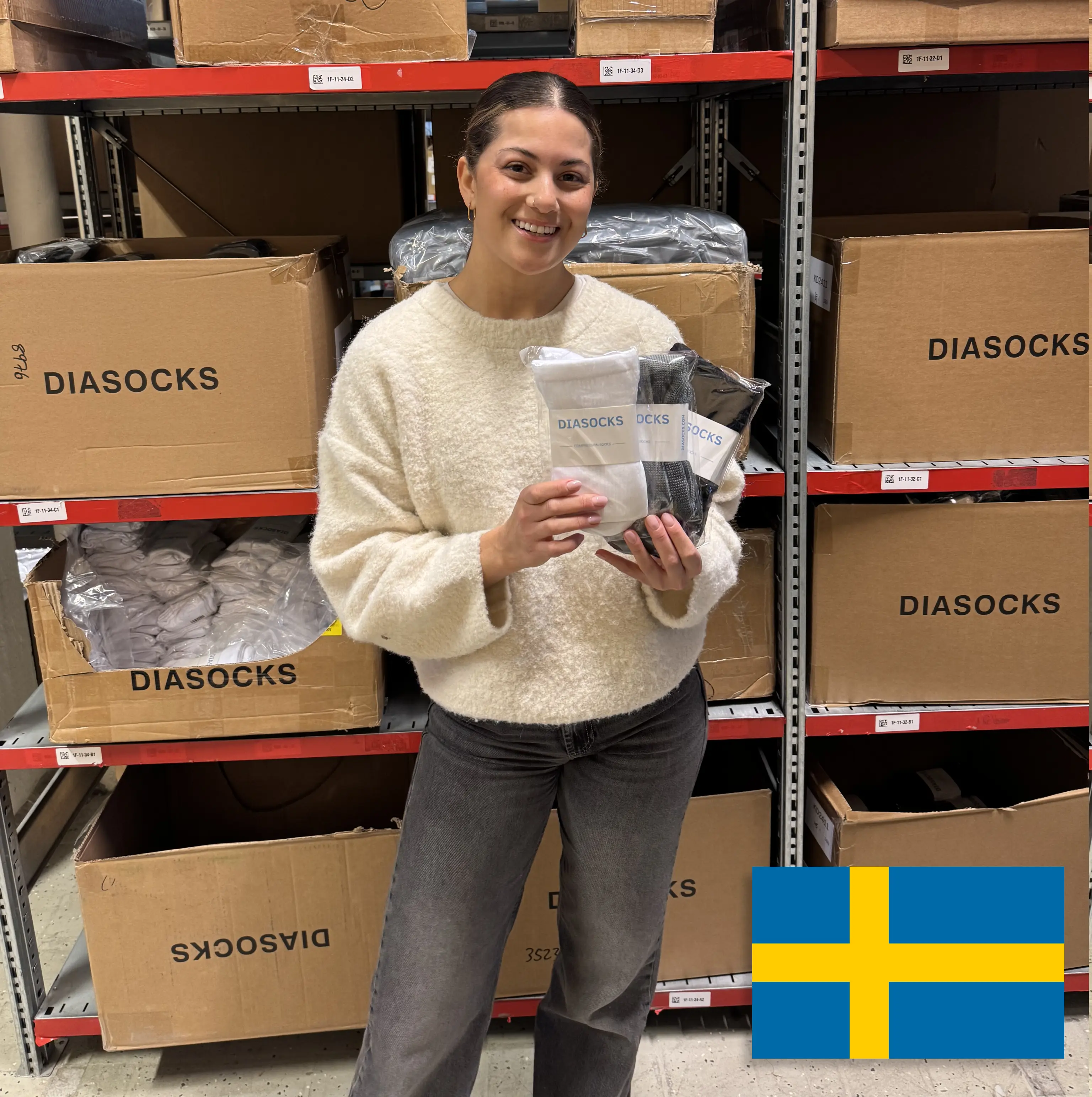 Person holding packaged socks in warehouse, with Diasocks boxes, and Swedish flag overlay.