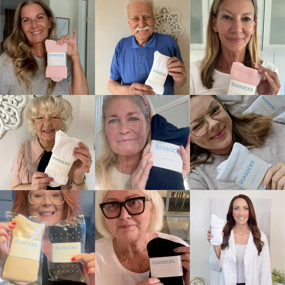 A collage of nine different people smiling and holding up packages of socks labeled 'DIASOCKS'.