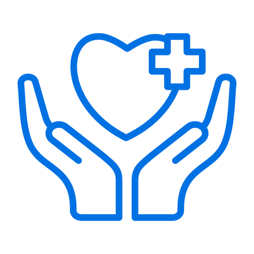 Blue icon of hands holding a heart with a medical cross.