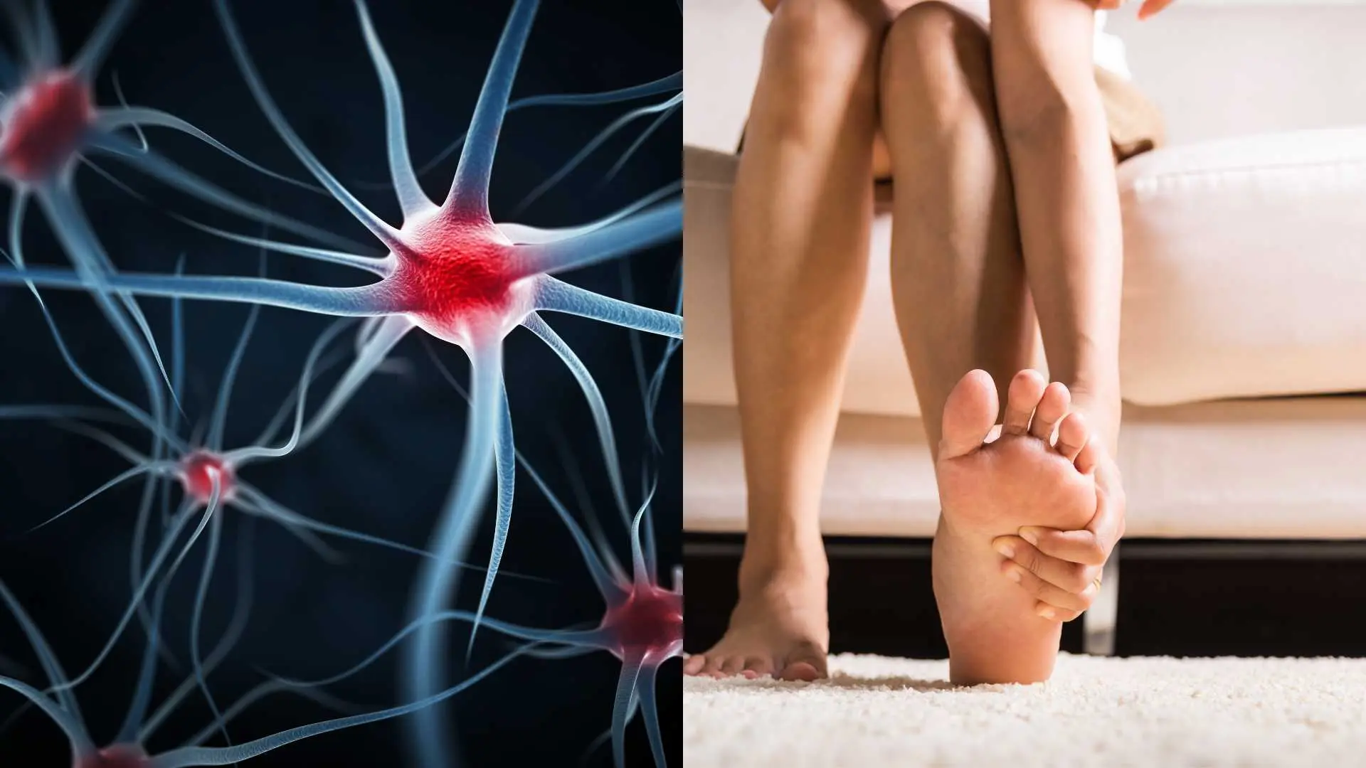 Split image of neurons and a person holding their foot.