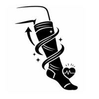 A black and white icon of a leg pulling on a compression sock with a heart symbol.