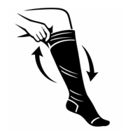 A black and white line drawing of a person pulling on a compression sock.