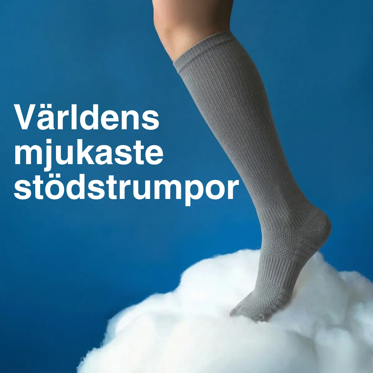 A person's leg in a grey compression sock stepping onto a fluffy white cloud against a blue background.