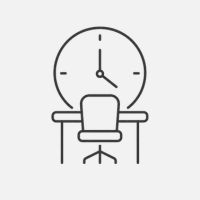 A line drawing icon of an office desk and chair in front of a large clock.