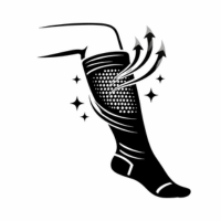 A black and white graphic of a leg wearing a compression sock with arrows indicating airflow and sparkles.