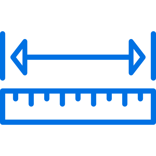 Blue icon of a ruler and arrows indicating measurement.