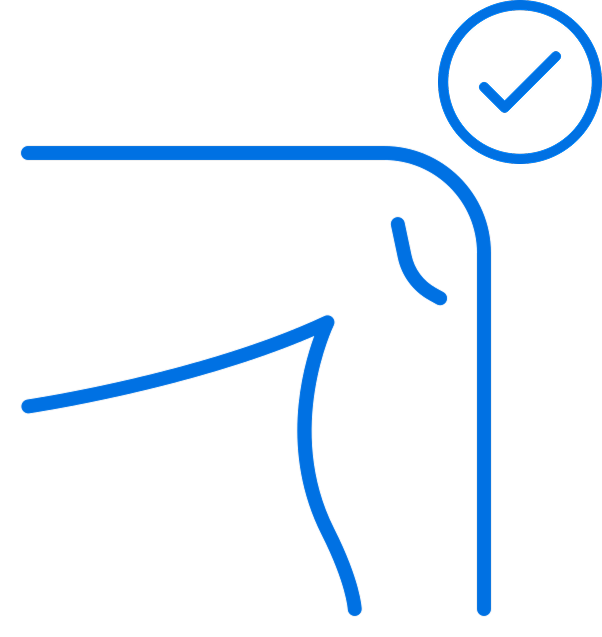 Blue line drawing of a knee with a check mark.