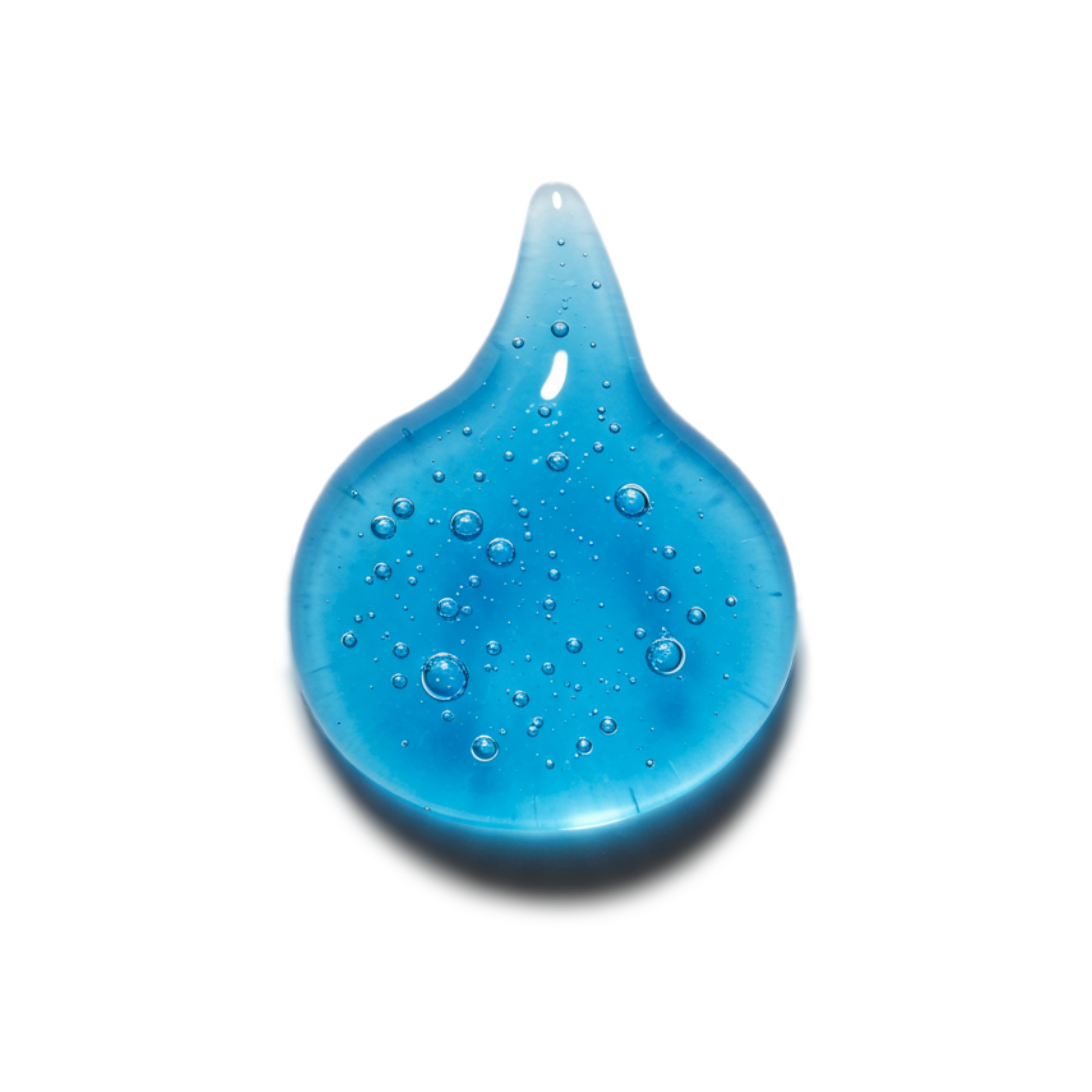 Blue liquid droplet with air bubbles on a white background.