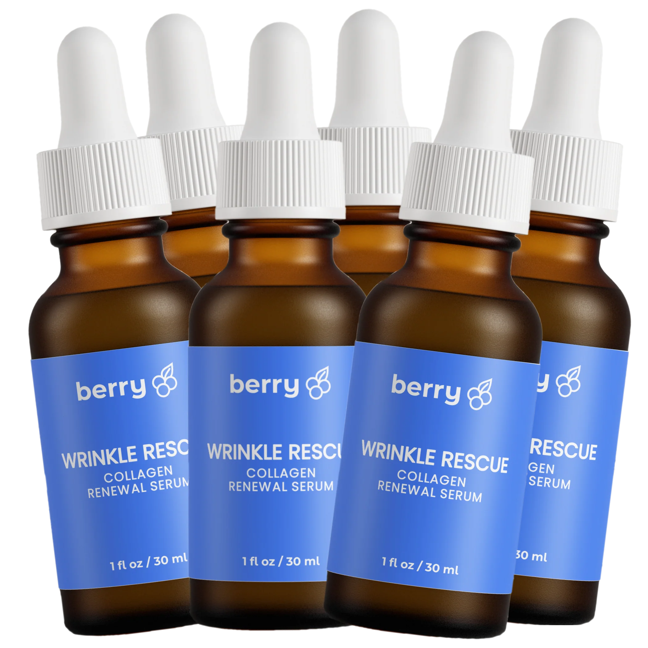 Five bottles of 'Wrinkle Rescue' collagen renewal serum with blue labels and white droppers.
