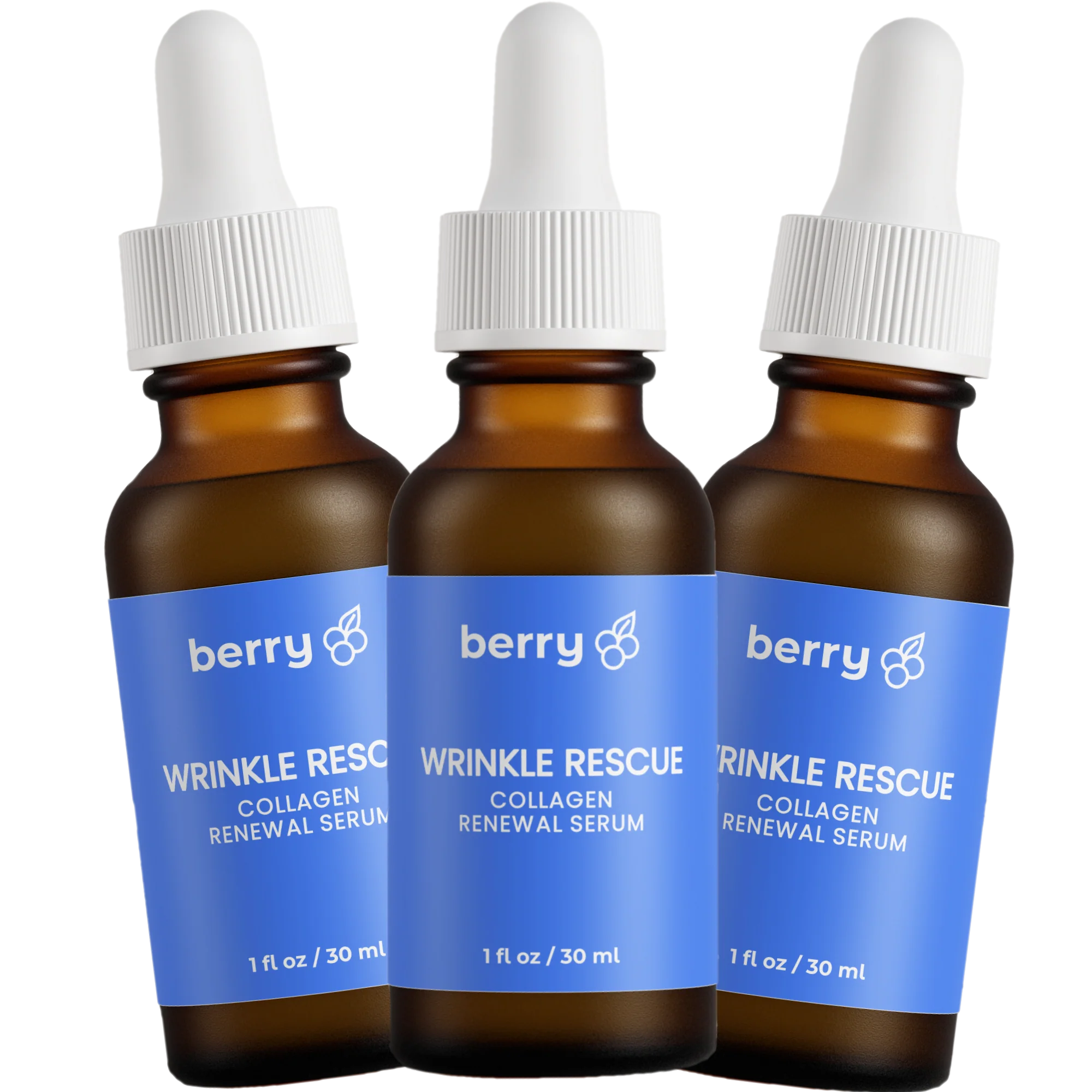Three brown bottles of collagen renewal serum with white droppers and blue labels.