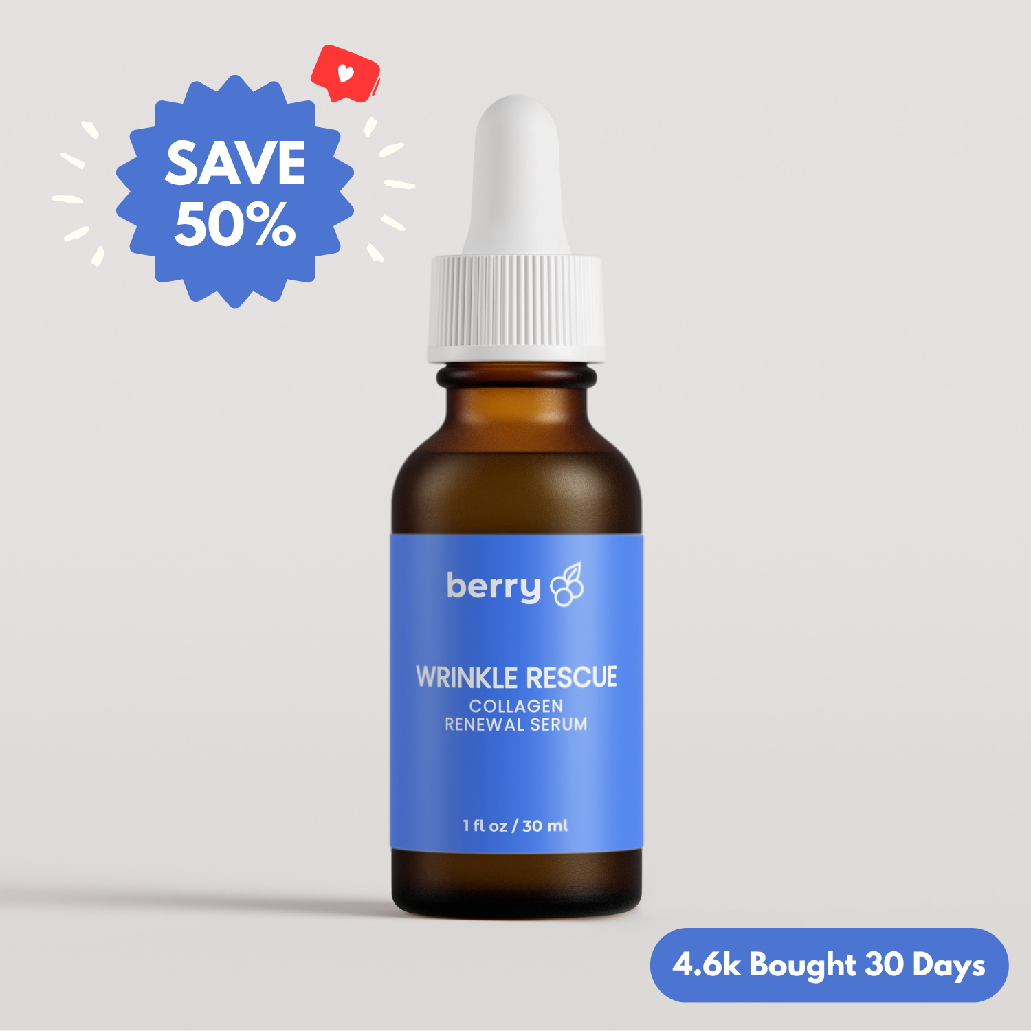 Brown bottle with blue label, 'Wrinkle Rescue' serum, 50% off badge.