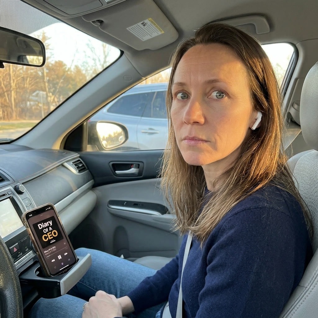A woman wearing a wireless earbud sits in the driver's seat of a car, looking toward the camera.
