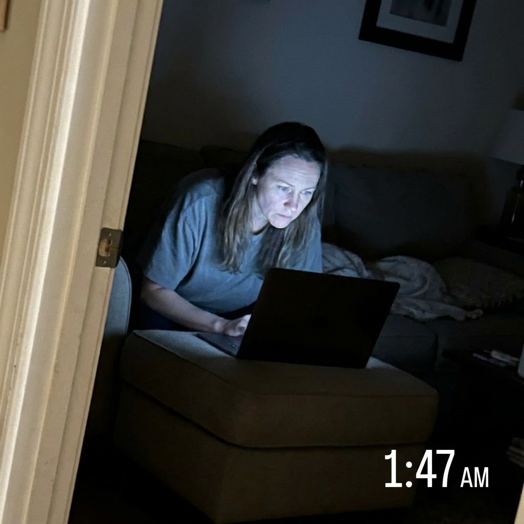 A woman sits in a dark room late at night, her face illuminated by her laptop screen.