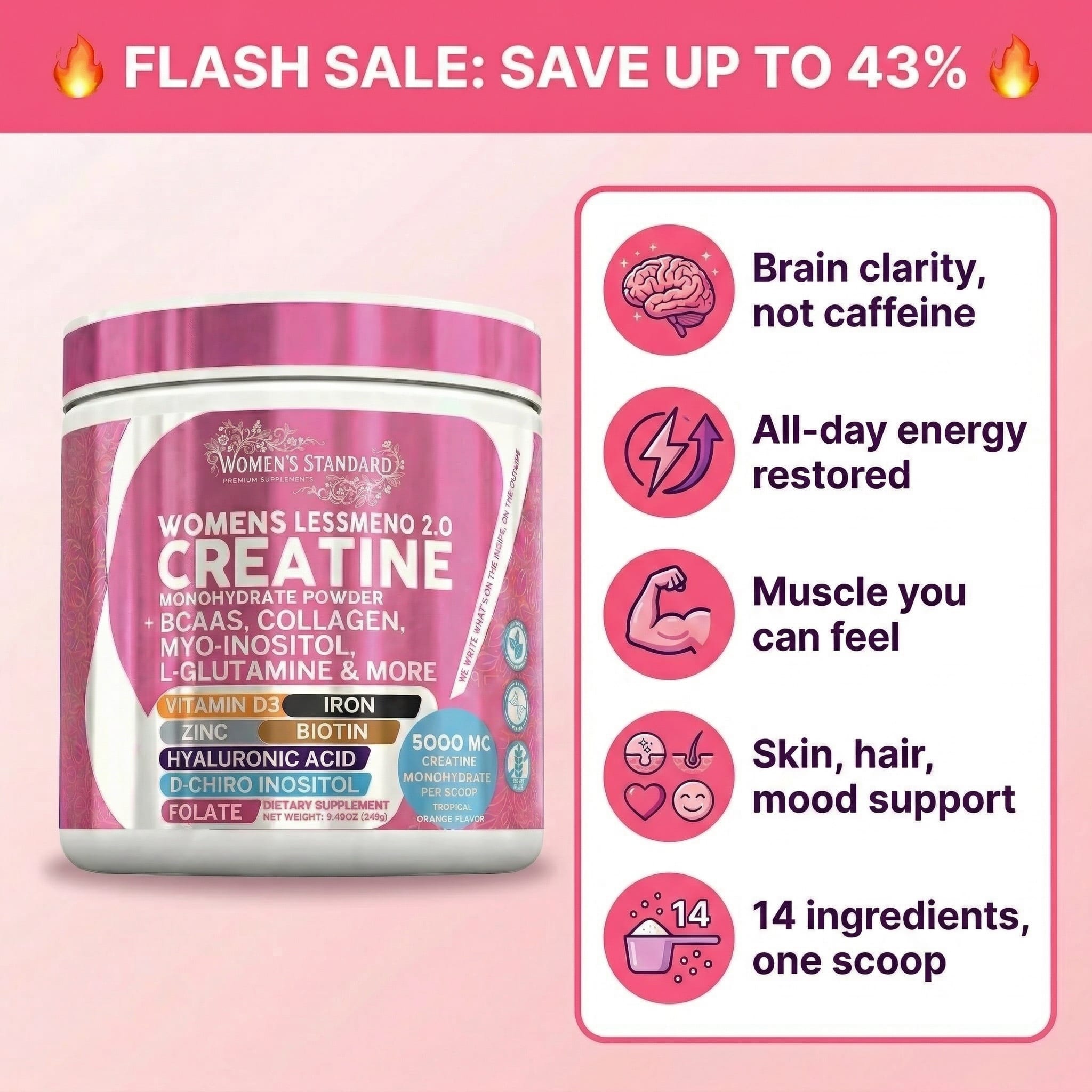 An advertisement for Women's Lessmeno Creatine, showing the jar next to a list of its benefits.