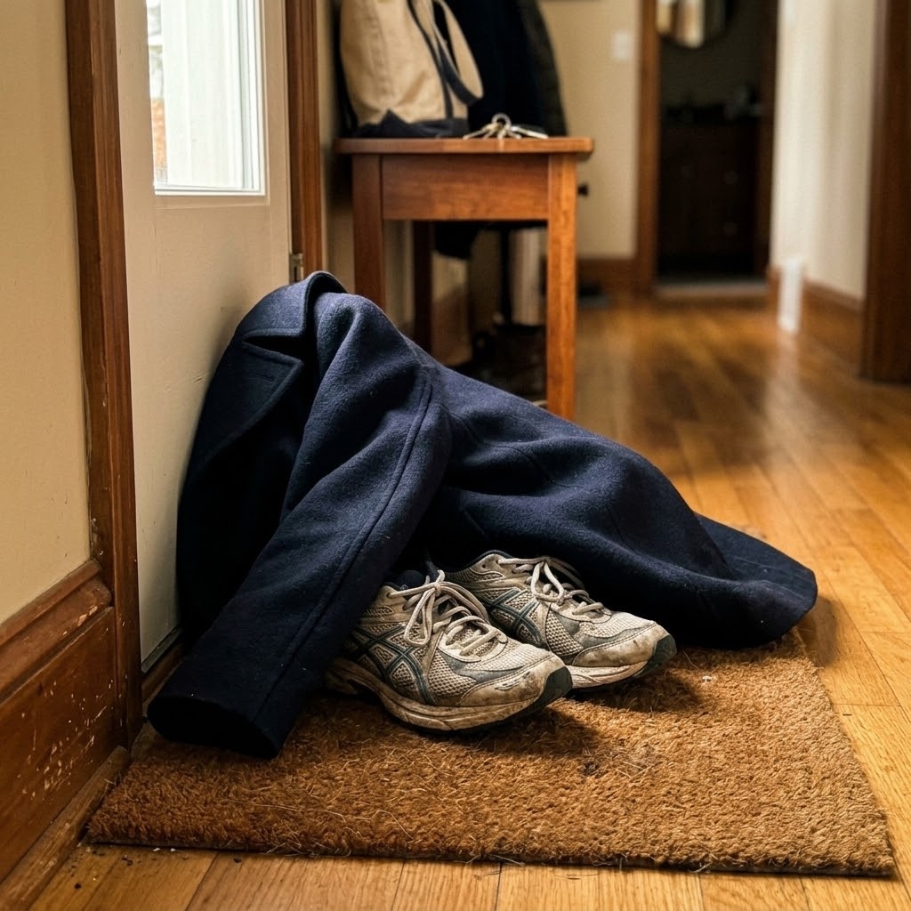 A dark coat is draped over a pair of worn sneakers on a doormat in a hallway.