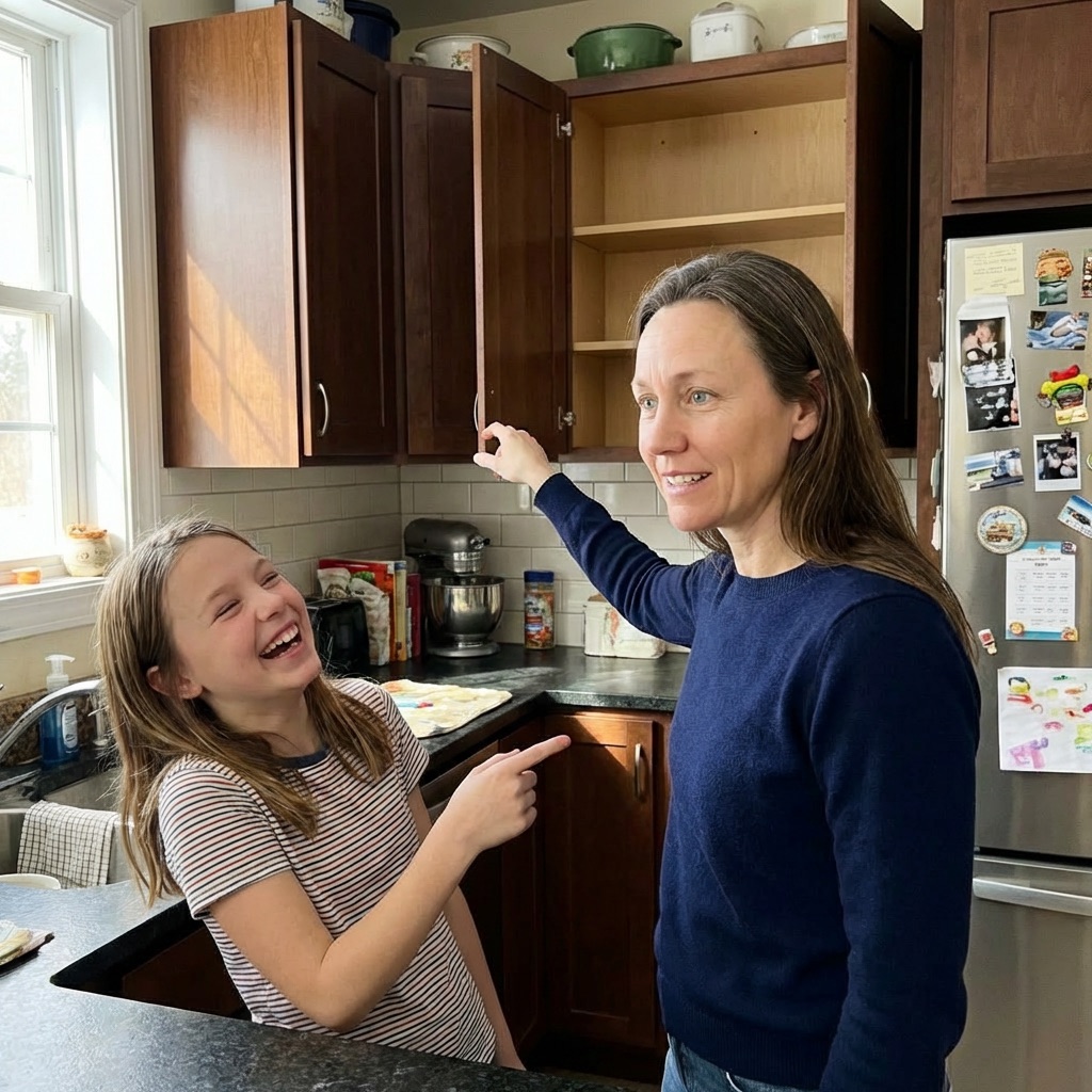 A woman and a young girl laughing and pointing at an empty kitchen cabinet in a kitchen.