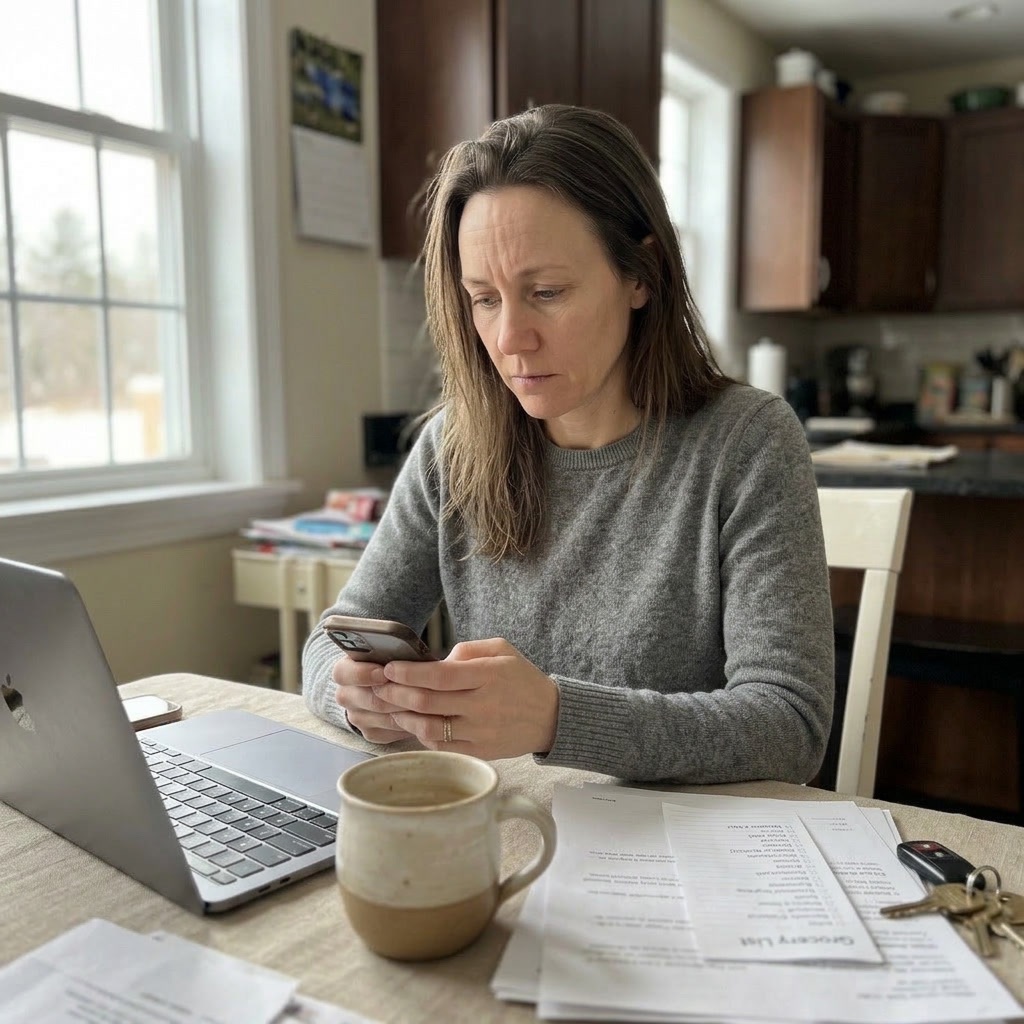 A woman in a grey sweater sits at a kitchen table looking down at her smartphone.