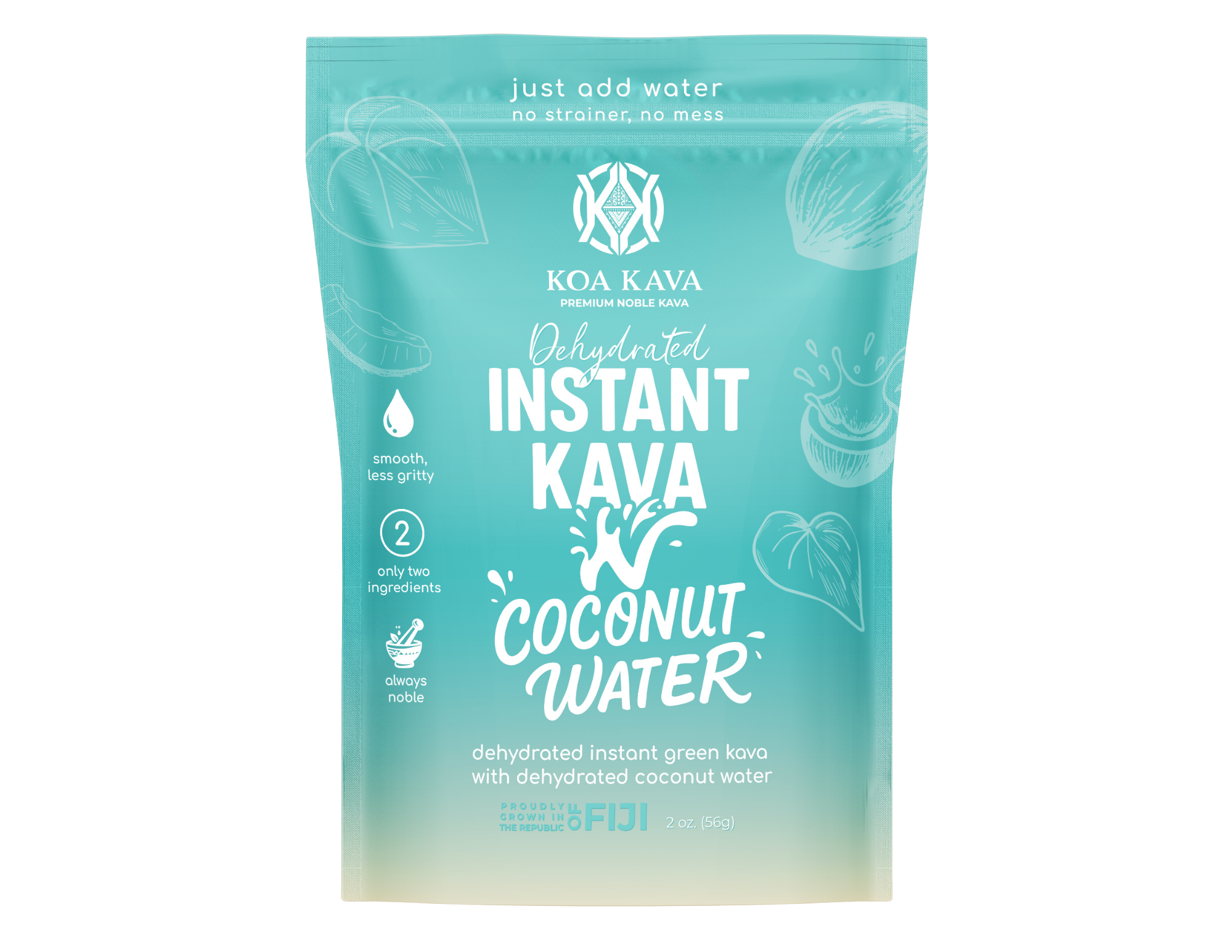 A turquoise pouch of Koa Kava Dehydrated Instant Kava Coconut Water on a white background.