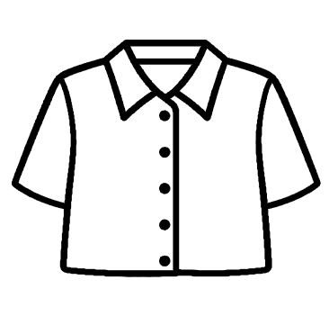 A black and white line drawing of a short-sleeved, button-up collared shirt.