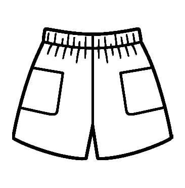 A simple black and white line drawing of a pair of shorts with an elastic waistband and pockets.