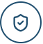 A dark blue line icon of a shield with a checkmark inside it, enclosed within a circle.