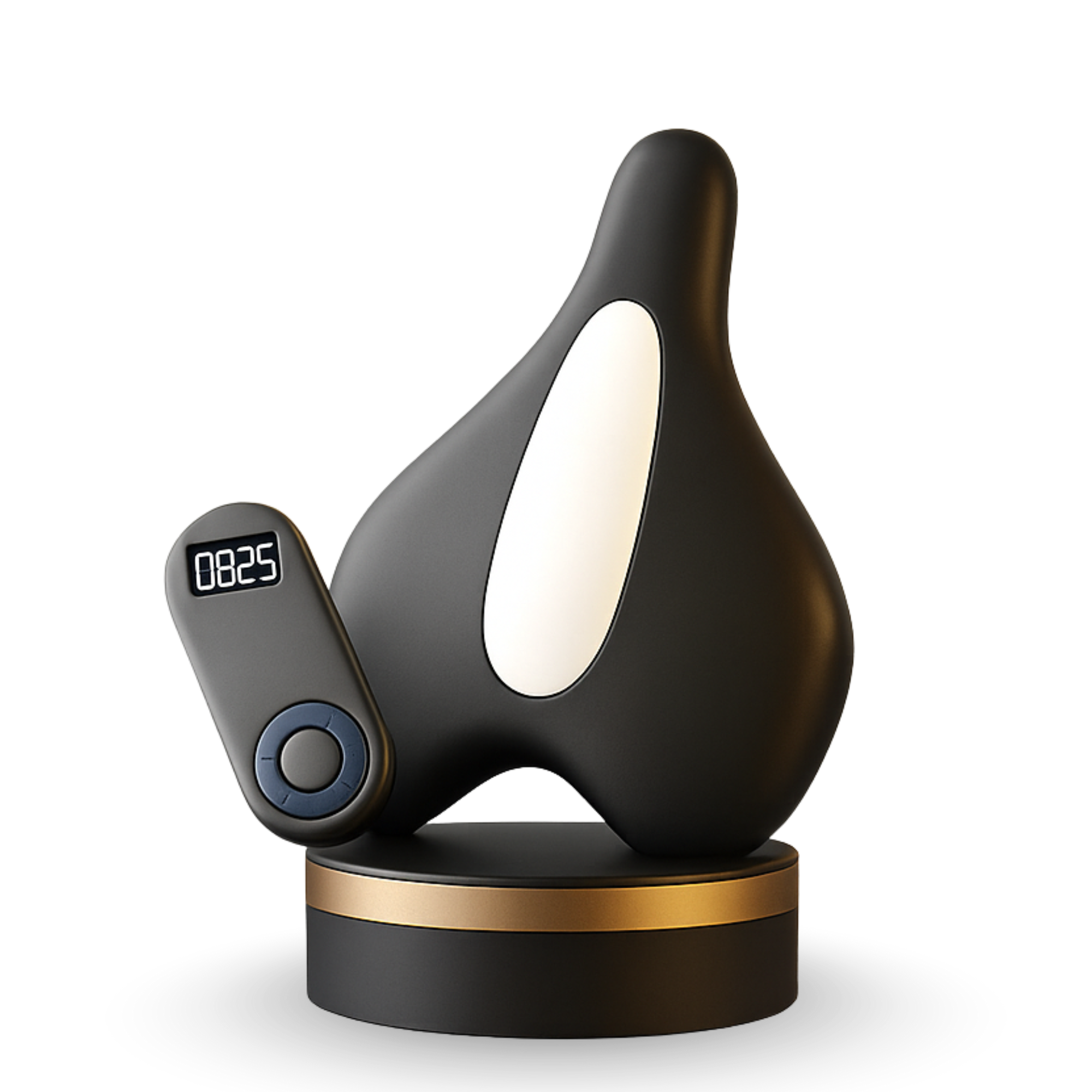 Black abstract sculpture with a digital display showing 08:25 on a round base.