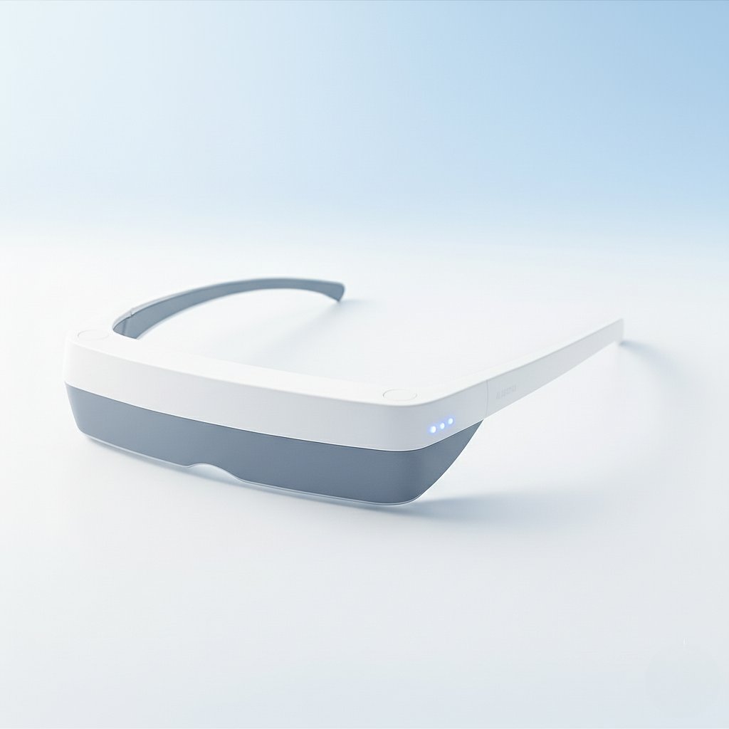 White smart glasses with blue lights on the side.