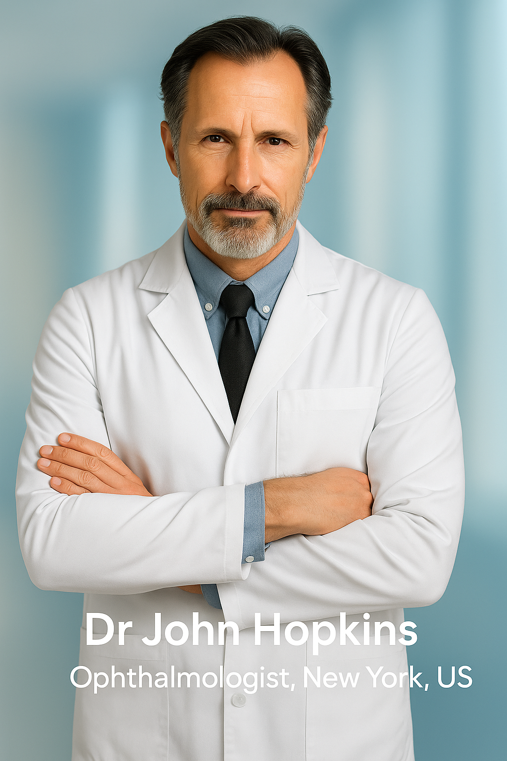 Man in a white coat with a serious expression, arms crossed.