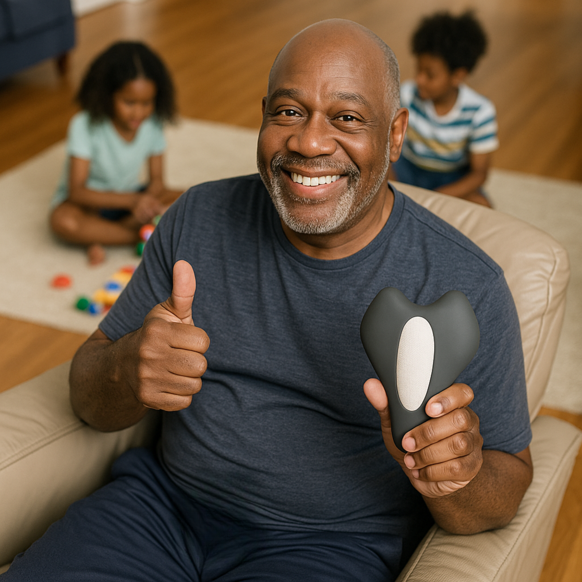 Smiling man holding a device, giving thumbs up, with children playing in the background.