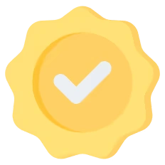 Yellow badge with a white checkmark in the center.