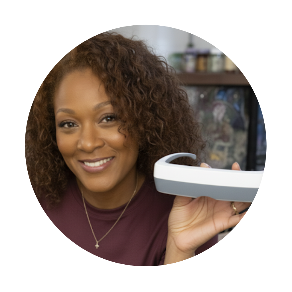Person smiling and holding a white electronic device.