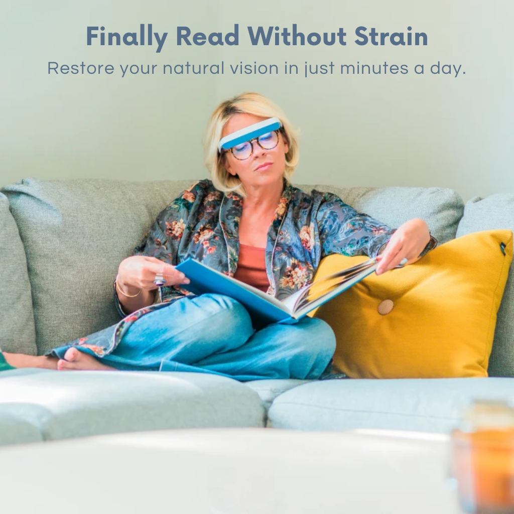 Person reading a book on a couch wearing a blue headband with text above.