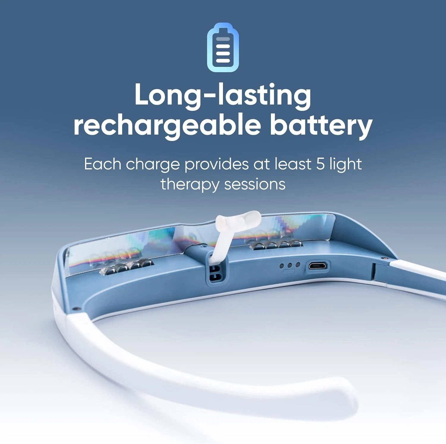 Image of a blue light therapy device with text about its rechargeable battery.