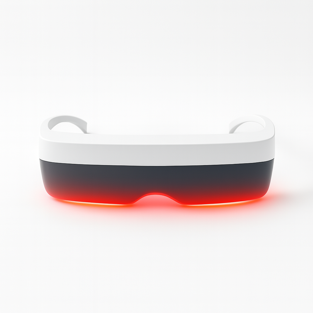White futuristic visor with glowing red bottom edge.