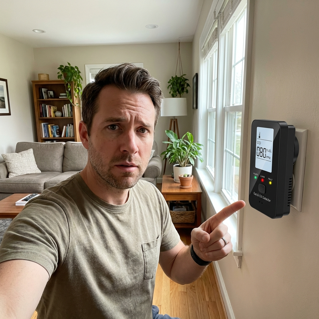 A man with a concerned expression points to a gas and carbon monoxide detector plugged into a wall.