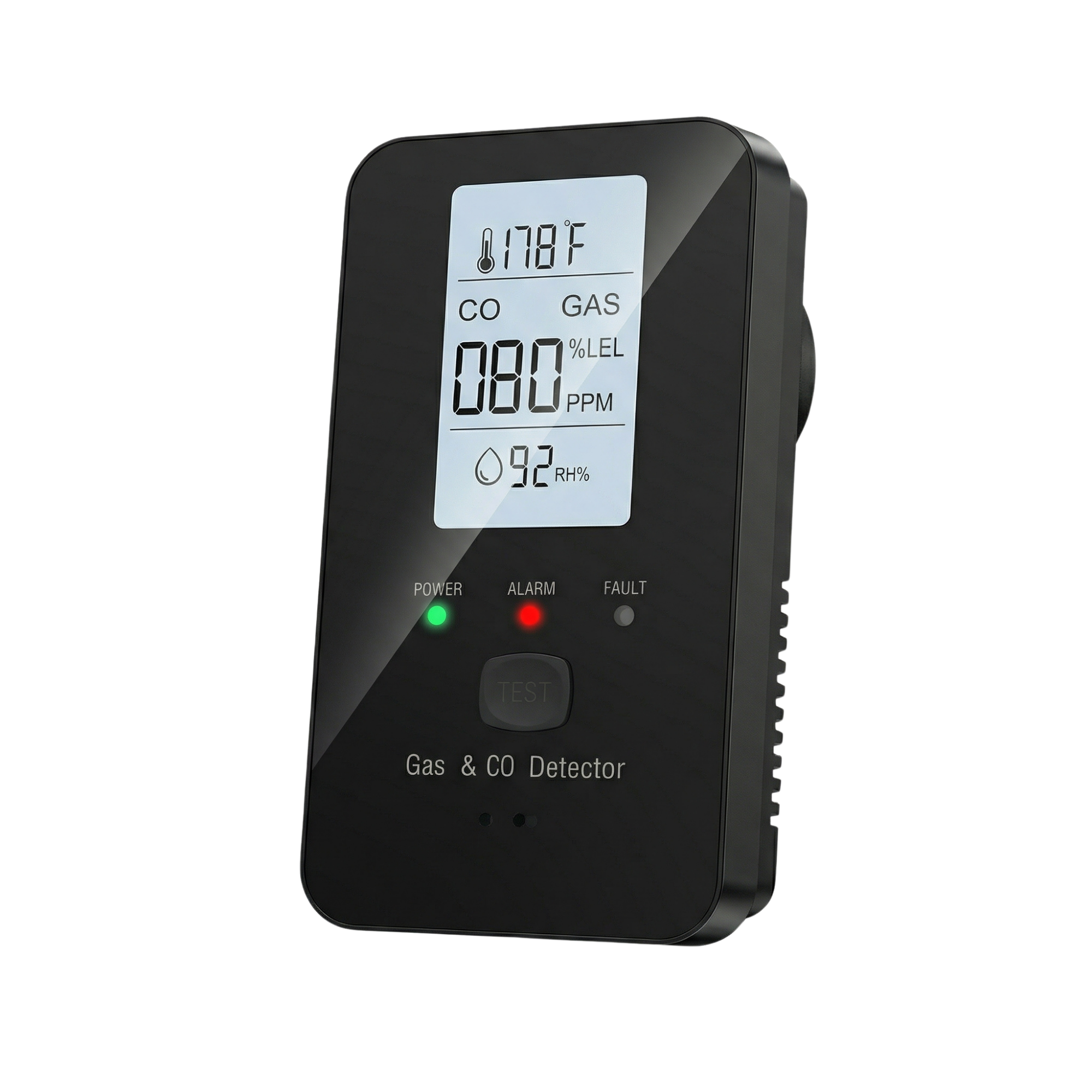 A black, digital Gas & CO Detector with an active display, shown against a solid green background.