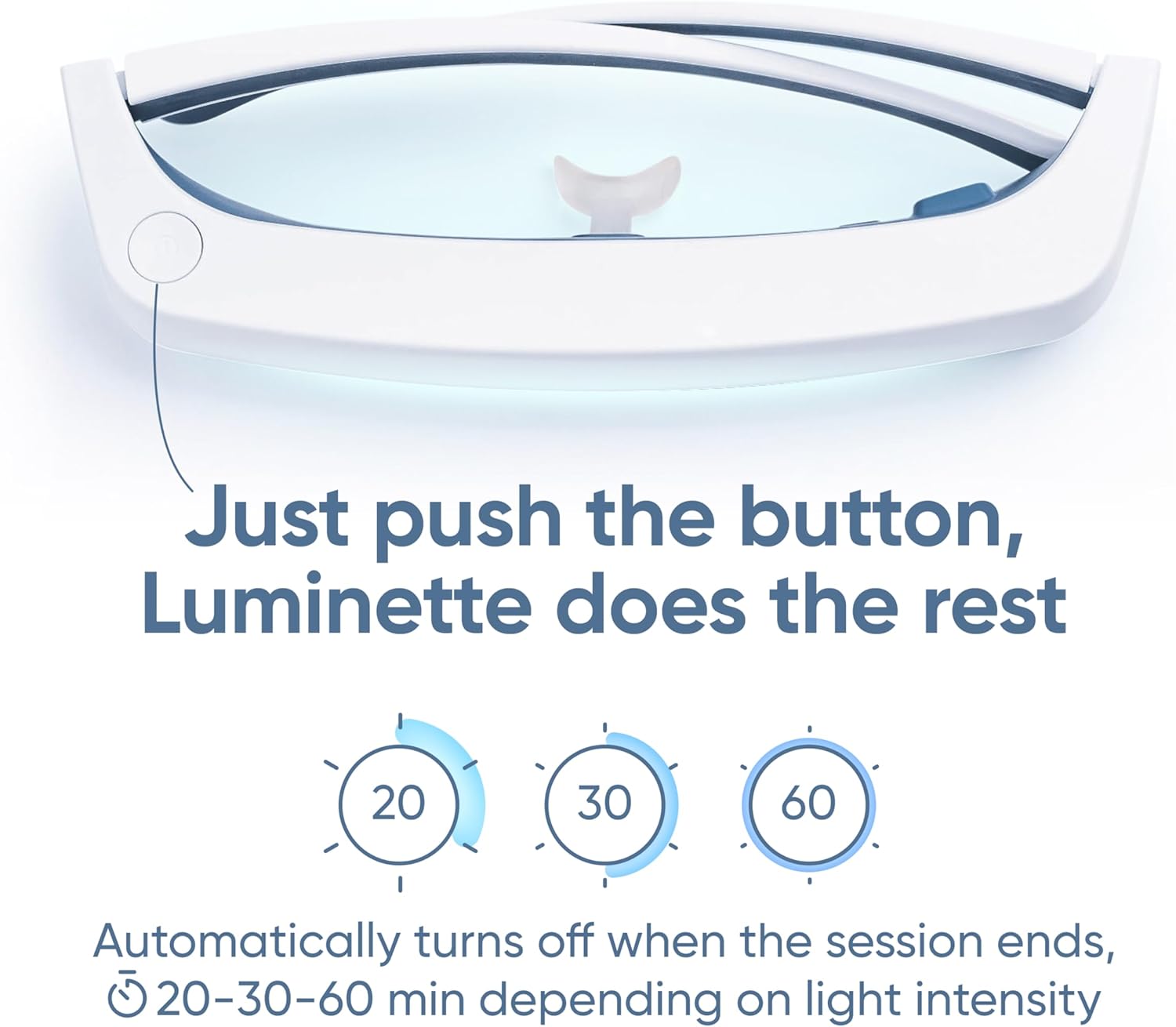 Luminette glasses with automatic timer options for 20, 30, 60 minutes, and instruction text.